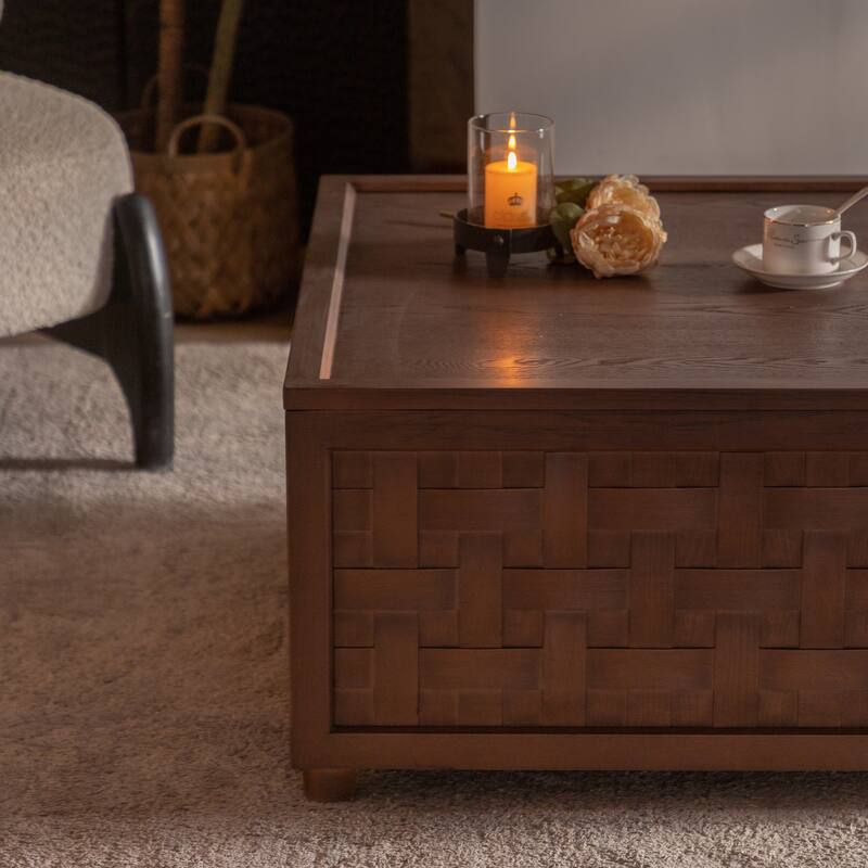 Modern Coffee Table Farmhouse Coffee Table Large Square Coffee Table with Storage, for Living Room, Brown