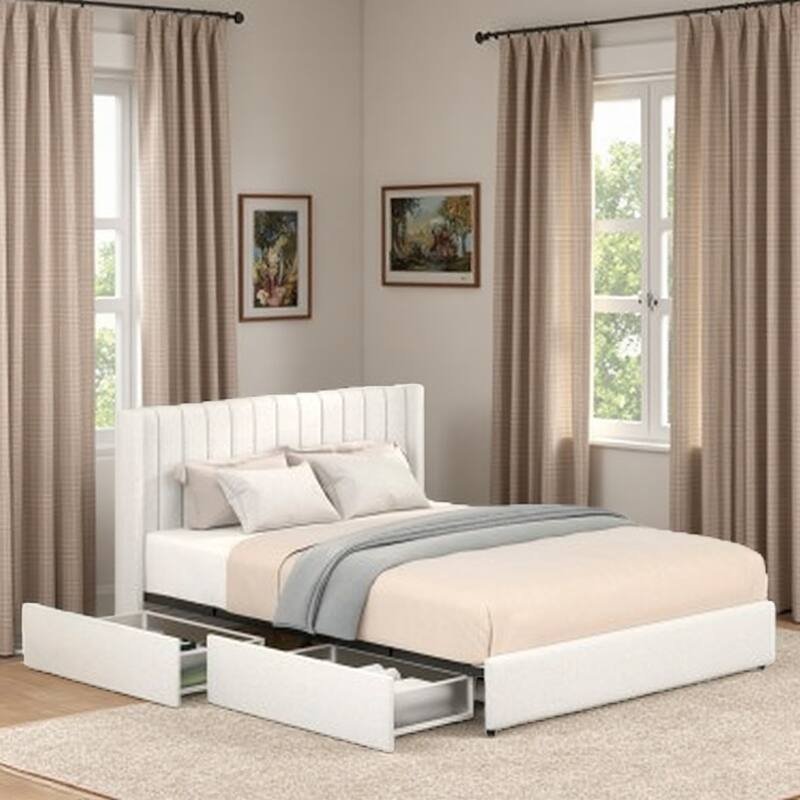 Queen Upholstered Platform Bed in Ivory Boucle with 4 Plastic-Lined Storage Drawers, Channel Tufted Wingback Headboard - Ivory