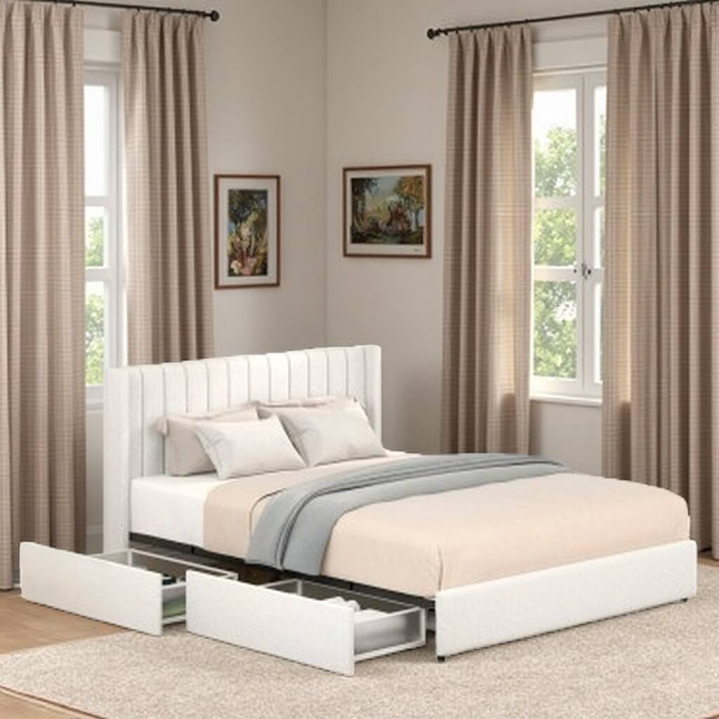 Queen Upholstered Platform Bed in Ivory Boucle with 4 Plastic-Lined Storage Drawers, Channel Tufted Wingback Headboard
