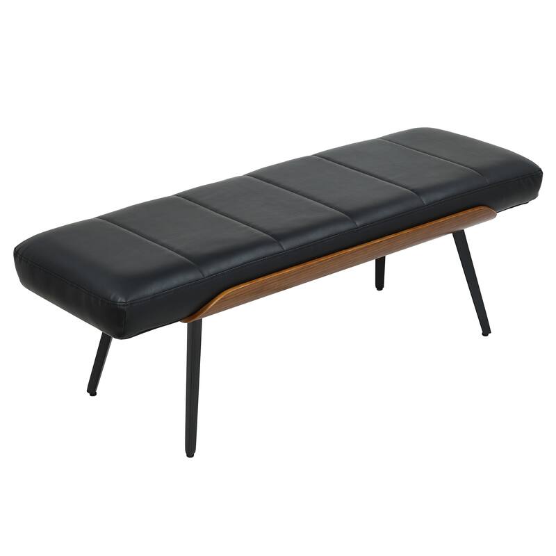 Mid-Century Modern Faux Leather & Metal Bench - Black & Walnut
