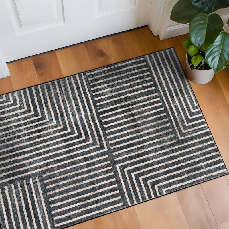 World Rug Gallery Distressed Bohemian Stripes Washable Non Slip Area Rug - Anthracite - 2'x4'