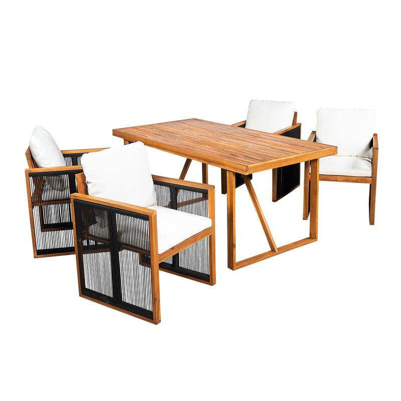 Christopher Knight Home - Modern Outdoor Acacia Wood Dining Set with Cushions and Handwoven Rope Chairs