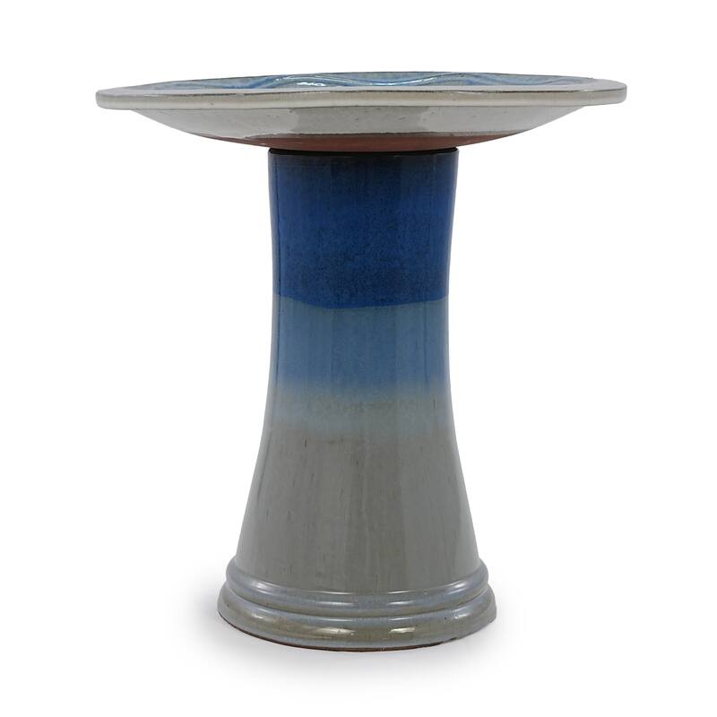 17"Ceramic Bird Bath for Outside, Elegant Tall Outdoor Bird Bath, Lightweight Pedestal Glazed Birdbaths with Swirl Pattern