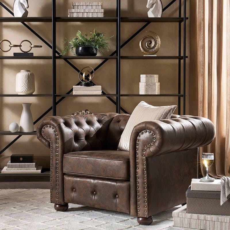 Knightsbridge Tufted Scroll Arm Chesterfield Chair by iNSPIRE Q Artisan - Brown Polished Microfiber