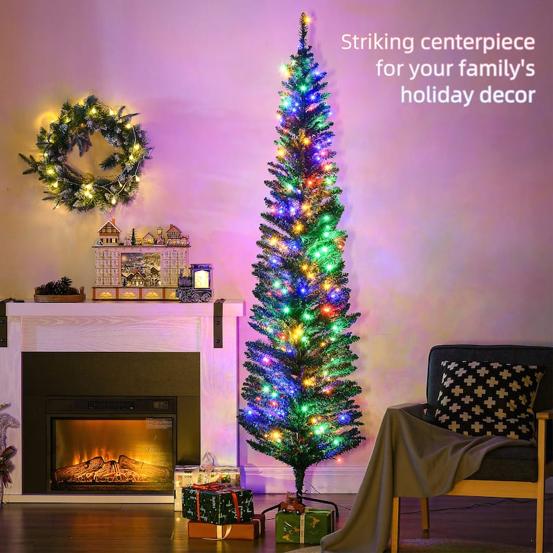HOMCOM 7ft Tall Pencil Prelit Artificial Christmas Tree Holiday Décor with 499 Branches, 180 Colorful LED Lights, Steel Base