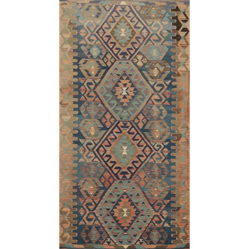 Hand Woven Oriental 100% Wool Carpet Southwestern Tribal Navy Blue & Blues Kilim Area Rug - 9' 9'' X 5' 1''