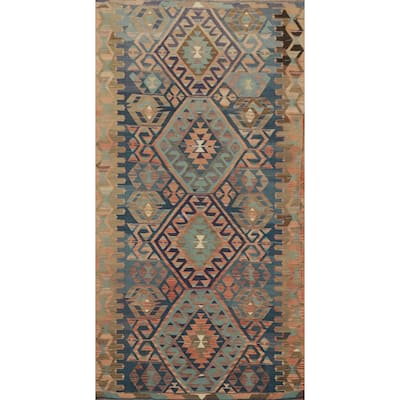 Hand Woven Oriental 100% Wool Carpet Southwestern Tribal Navy Blue & Blues Kilim Area Rug - 9' 9'' X 5' 1''