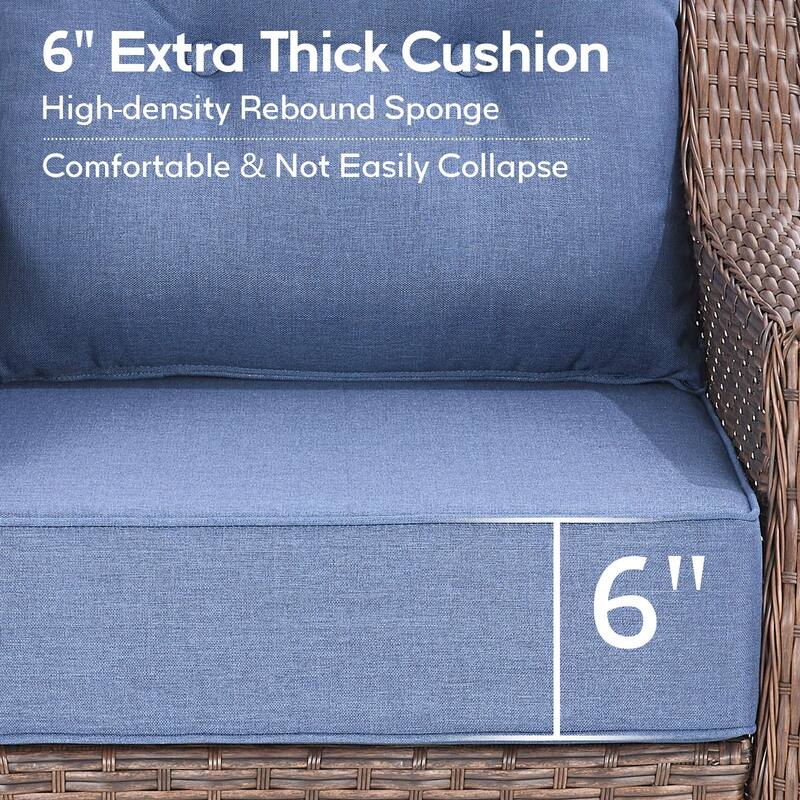 3 Pieces Swivel Chairs with Side Table - Blue Cushion - Brown