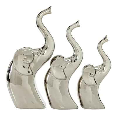 Porcelain Ceramic Elephant Decorative Sculpture - Set of 3 Silver - Roche River Decor