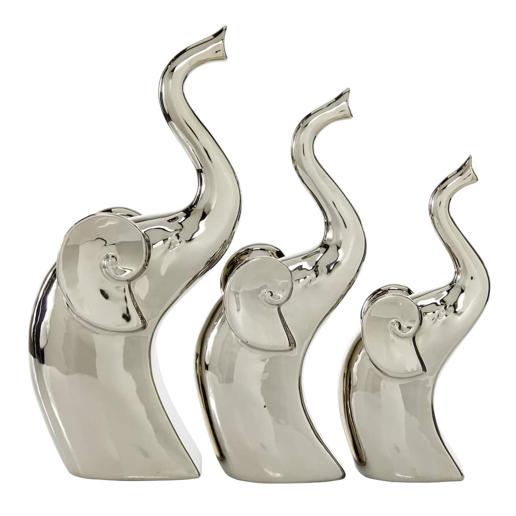 Porcelain Ceramic Elephant Decorative Sculpture - Set of 3 Silver - Roche River Decor