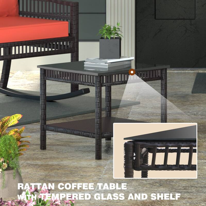 VEIKOUS 3-Piece Outdoor Wicker Patio Porch Rocking Chair and Rattan Coffee Table Set with Cushions and Pillows