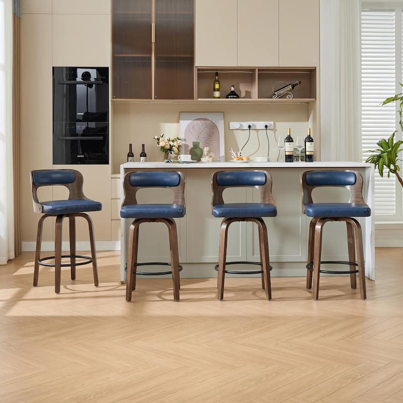 SEYNAR PU Leather 360 Degree Swivel Open Back Bar Stools Wood Legs Set of 4 - Navy