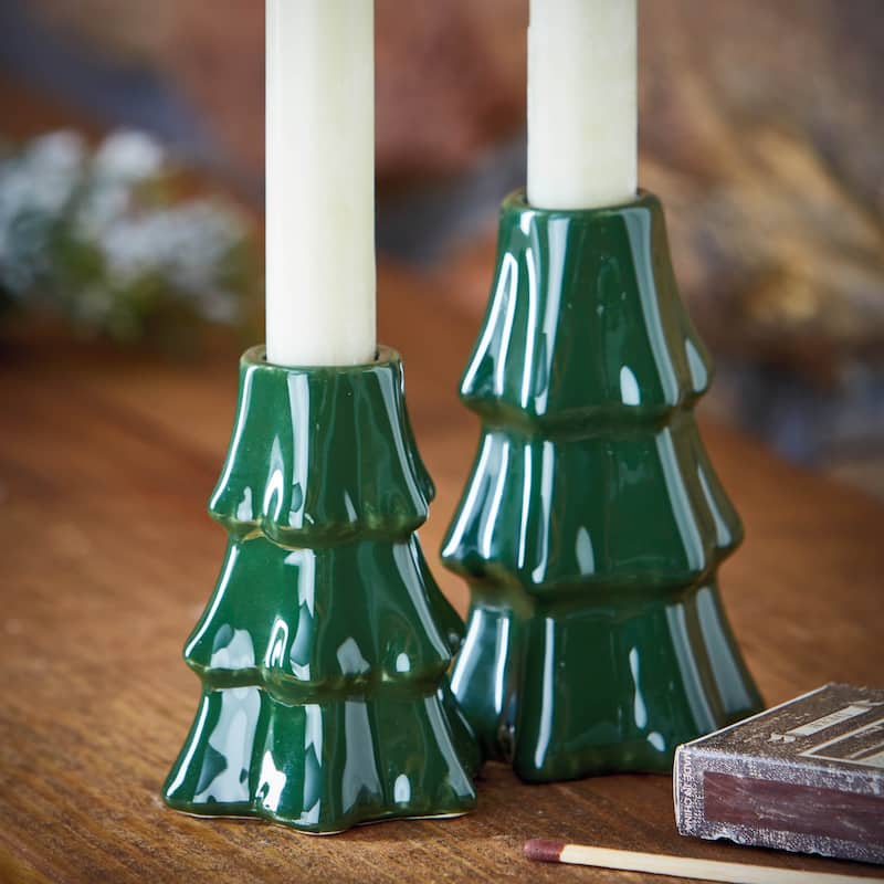 Large Pine Tree Taper Candle Holder Green Ceramic for Christmas 2.75 in x 2.75 in x 4.5 in Perfect for Taper Candles