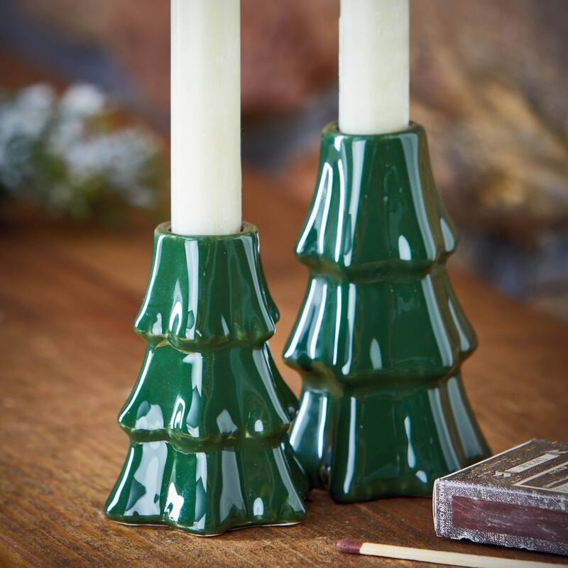 Small Pine Tree Taper Candle Holder Green Ceramic for Christmas 2.75 in x 2.75 in x 3.5 in Perfect for Taper Candles