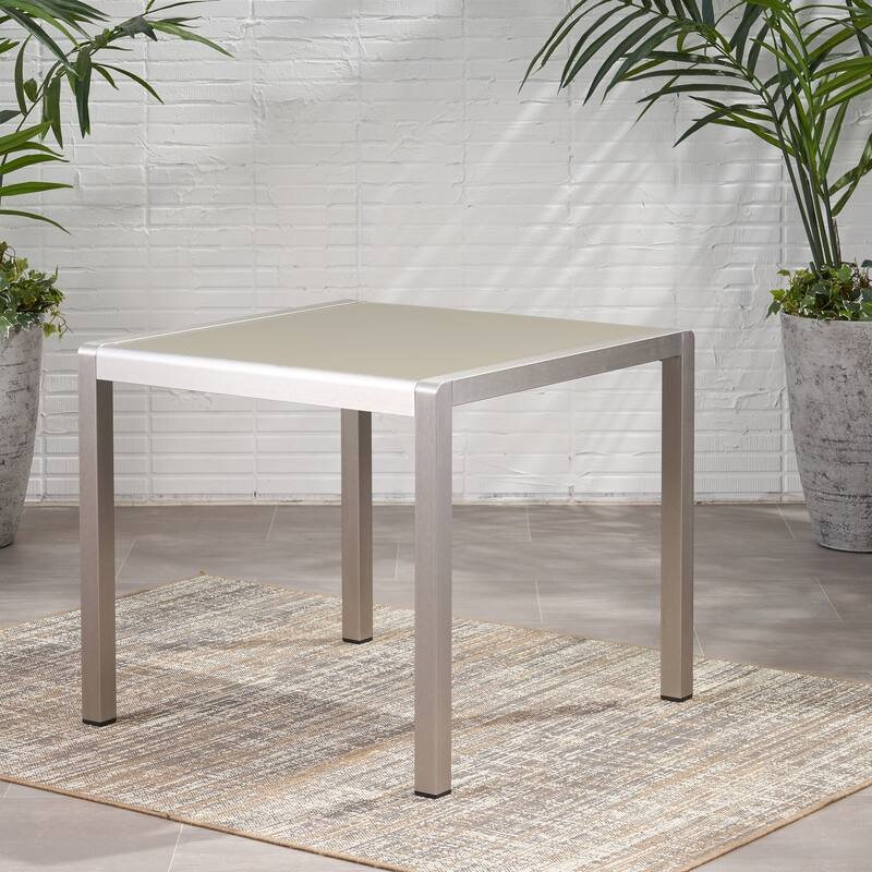 Roomfitters 35" Outdoor Dining Table with Anodized Aluminum Frame and Tempered Glass Tabletop, Square Design, Silver Finish - Silver