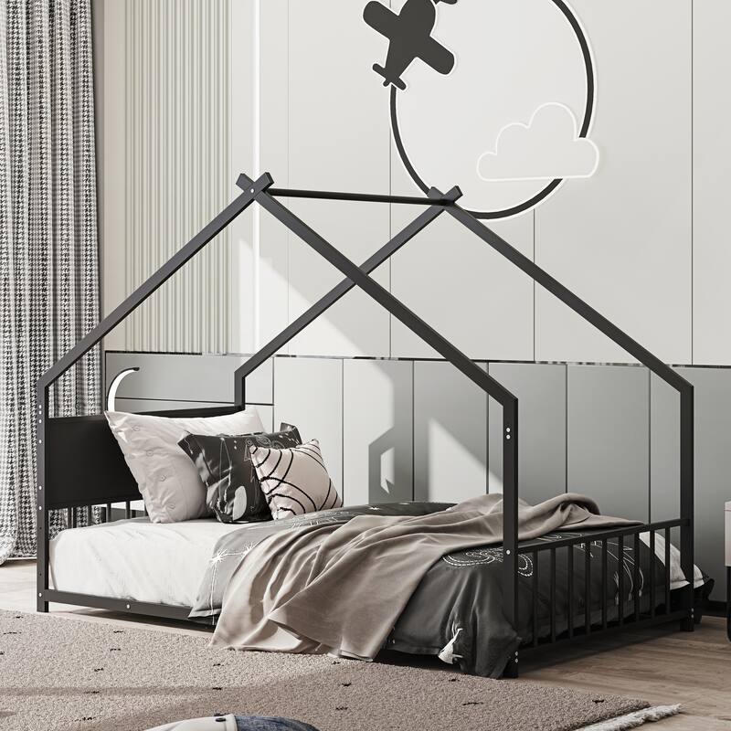Twin Size House Bed with Roof and Colorful Lights