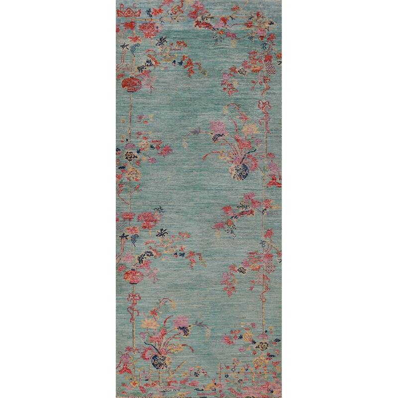 Art Deco Turkish Runner Rug Hand-Knotted Blue Wool Carpet - 2'8" x 8'1"