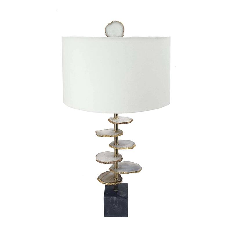 D14x29.5" Smoke Agate-Slice Table Lamp with Marble Base