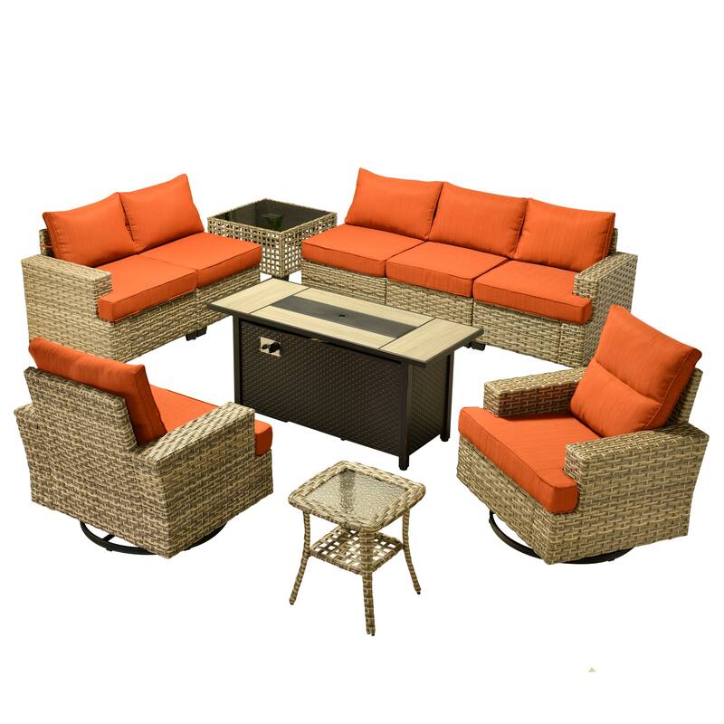 HOOOWOOO 10-piece Rattan Wicker Patio Outdoor Furniture Fire Pit Set with Swivel Rocking Chairs