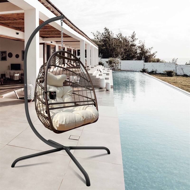Wicker Rattan Swing Egg Chair with C Type Stand,Cushion and Pillow