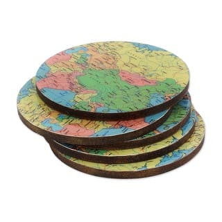 Novica Handmade Round Map Wood Coasters (Set Of 5) - 0.6 cm H x 10 cm D ...