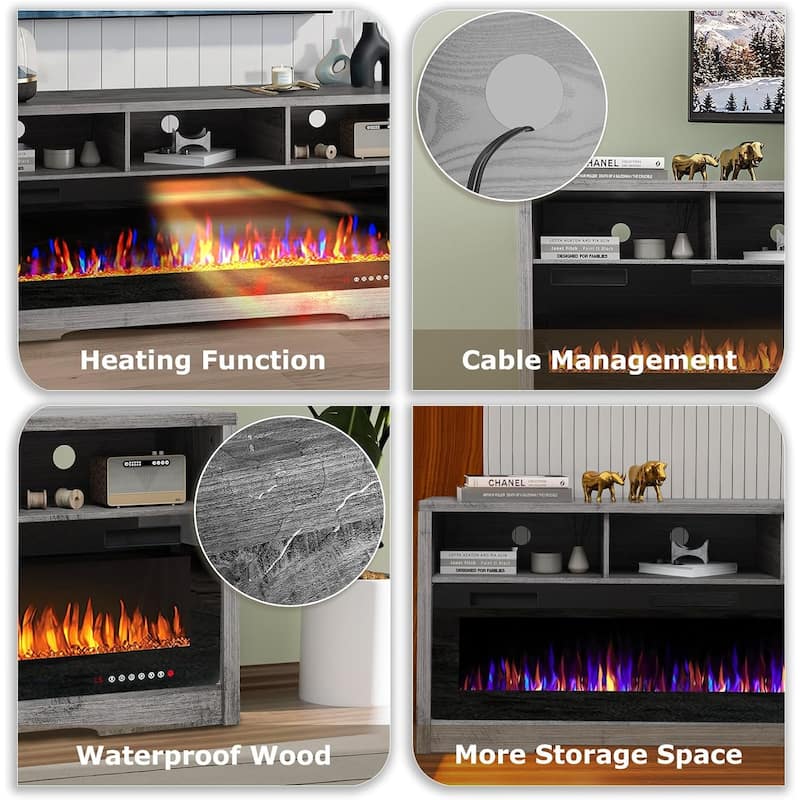 BOSSIN Fireplace 65" TV Stand for TVs Up to 75" TV with 60" Electric Fireplace,Entertainment Center with Open Shelve Storage