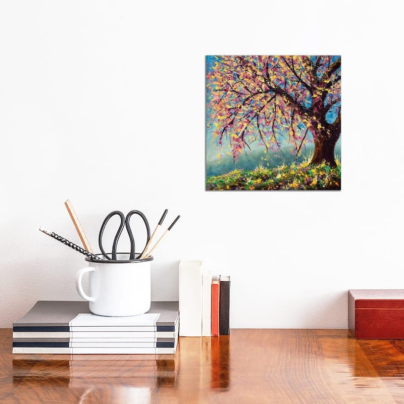 iCanvas "Blooming Sakura Cherry Tree On Mountainside Painting" by Valery Rybakow Canvas Print - 12x12x0.75
