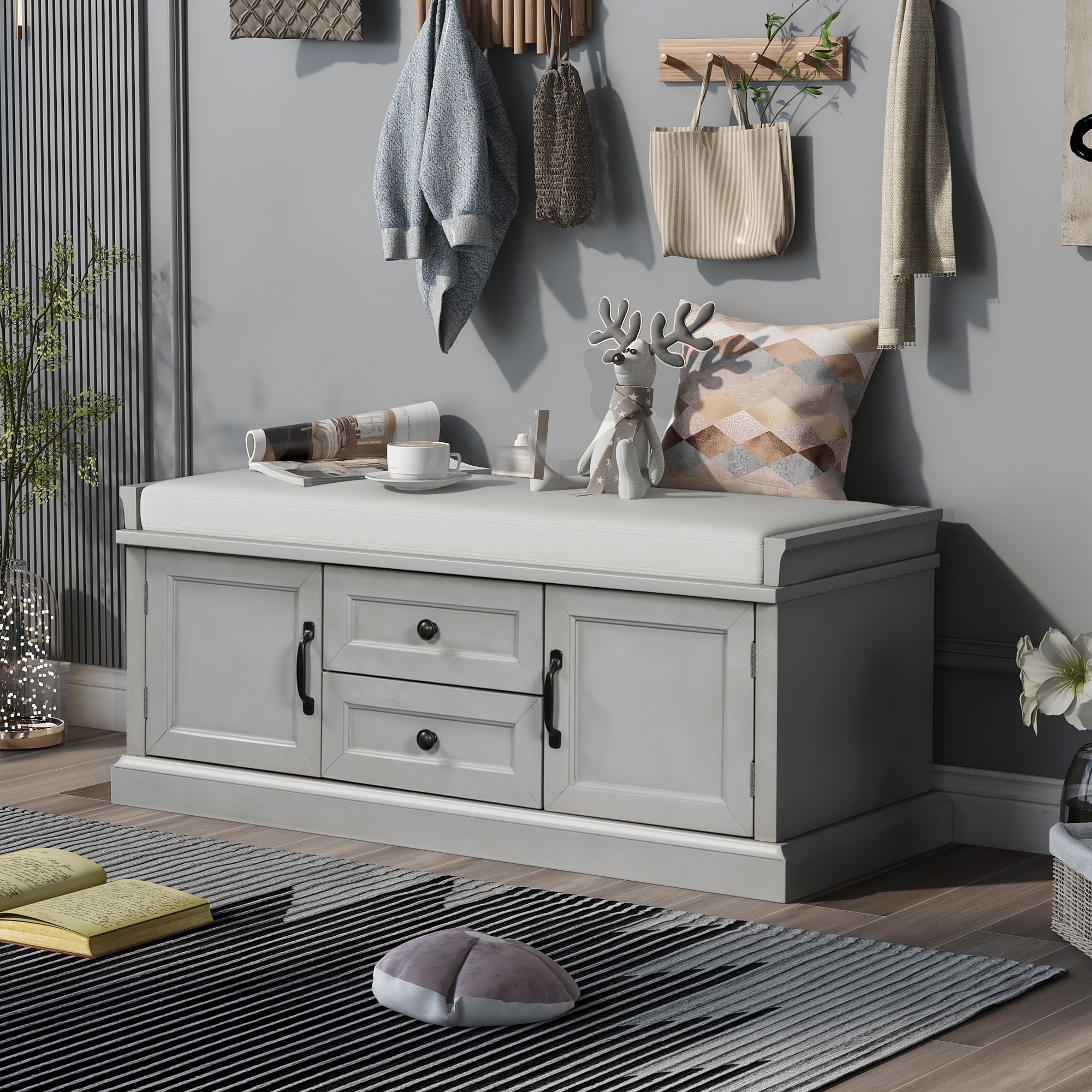 Solid Wood Storage Bench and Large Storage Space Shoe Bench with