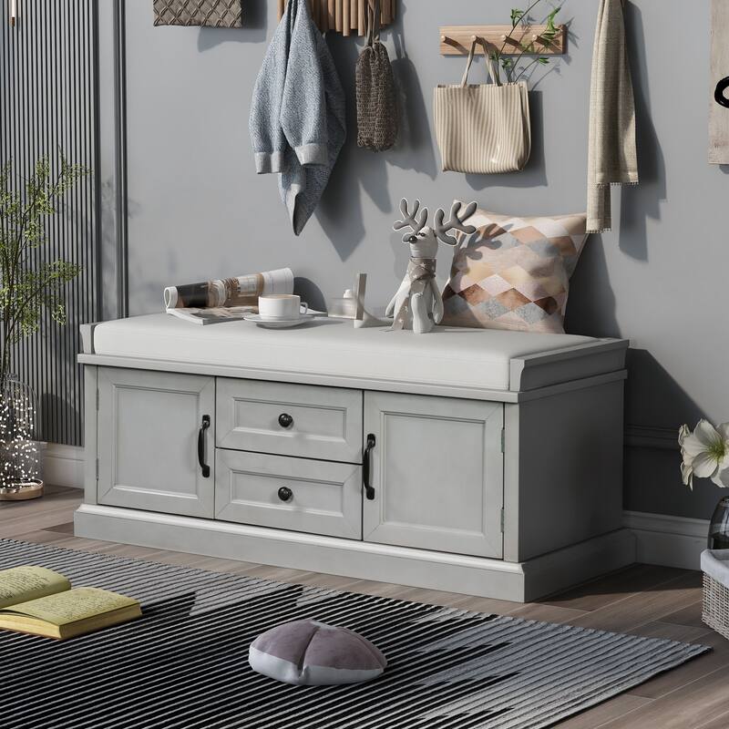 Storage Bench with 2 Drawers and 2 Cabinets, Shoe Bench with Removable Cushion for Living Room, Entryway - Gray Wash