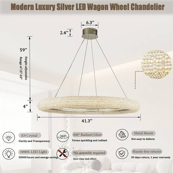 41'' Modern Silver Round LED Intergrated Crystal Chandelier Dimmable Glam Halo Hanging Light For Dining Room Living Room - W41''