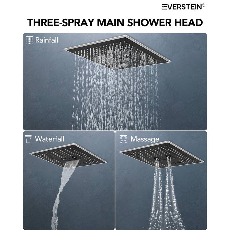 Shower Faucet Set Dual Heads with 3 Spray Modes 16" Ceiling and 6" Wall Mount Body Jets Handheld Spray LED Music