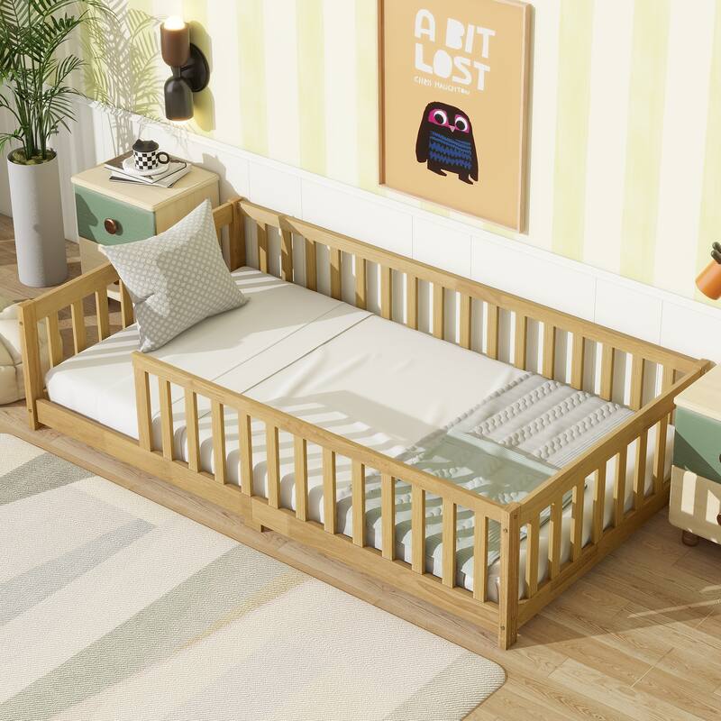 Twin Size Floor Bed With Fence Without Door, Rubber Wood Floor Bed With Safety Guardrails