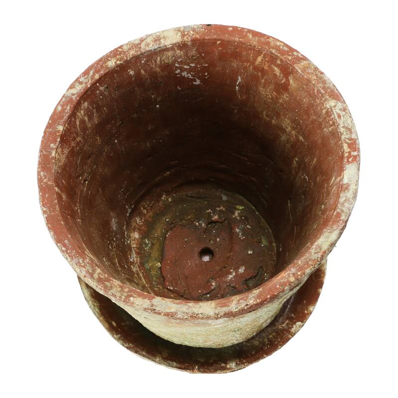 Cement Planter with Saucer, Distressed Terra-cotta Finish