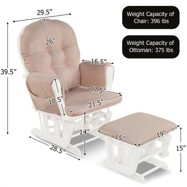 Solid Wood Gliding Chair Set with Pockets and Ottoman for Relaxing