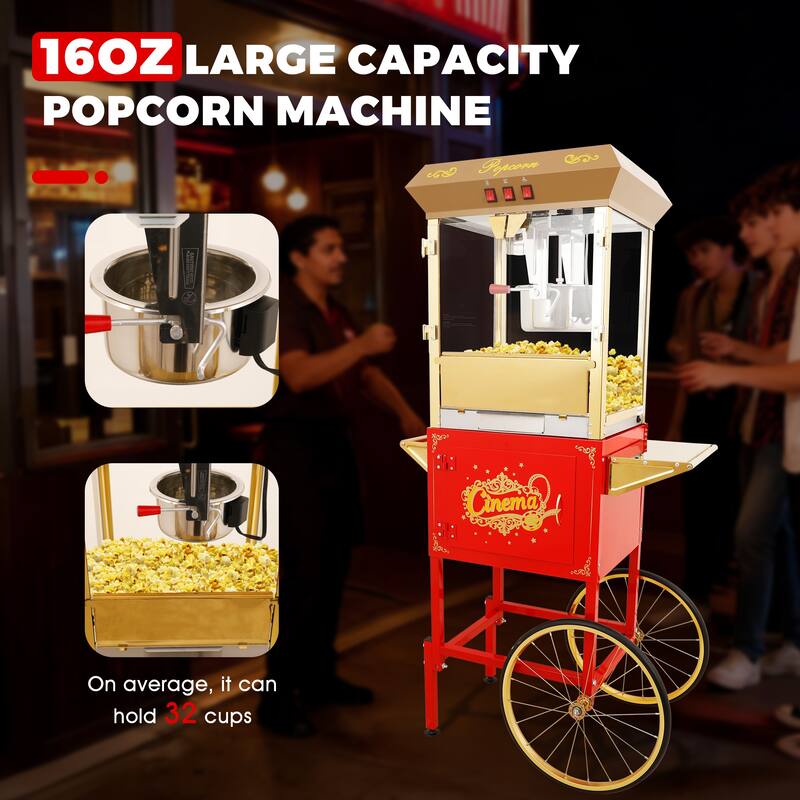 16Oz Commercial Popcorn Machine With Cart and 16 Oz Kettle, Movie Theater Popcorn Machine