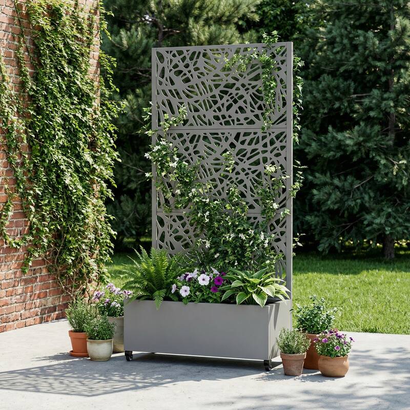Metal Galvanized Planter Box with Trellis Privacy Screen Lockable Wheels
