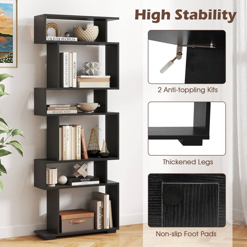 Engineered Wood 6-Tier S-Shaped Bookshelf with Anti-Tip Kits - 24" L x 8" W x 64" H