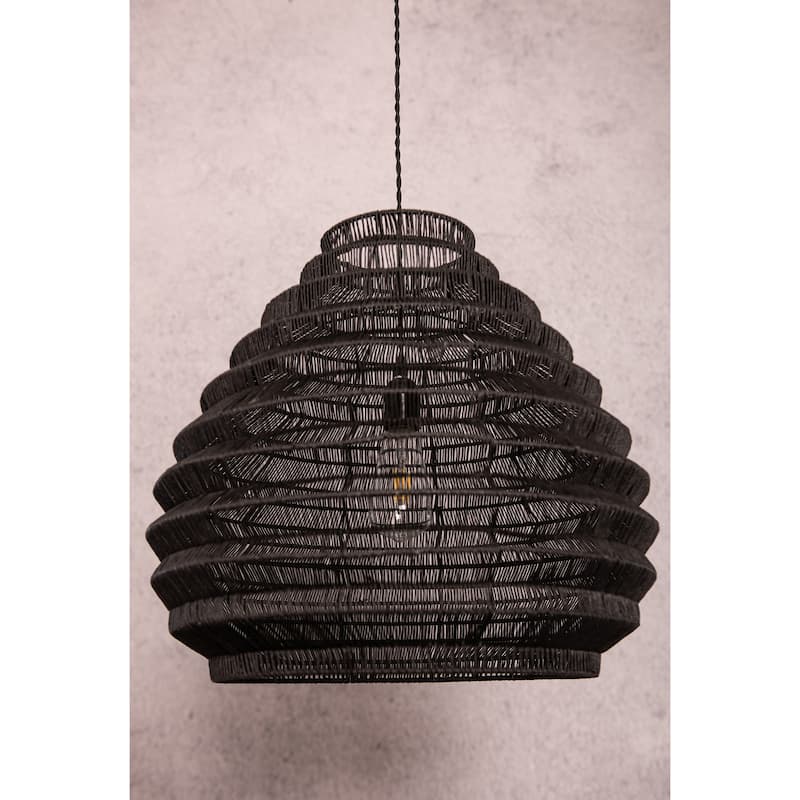 Modern Rattan Wicker Large Black Boho Pendant Light - 19" Wide