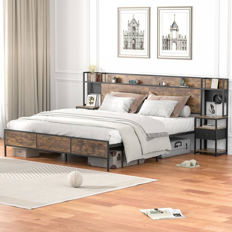 Anmytek Rustic Brown Queen/King Bed Frame with 2 Sliding Nightstands - Bookcase Storage Headboard