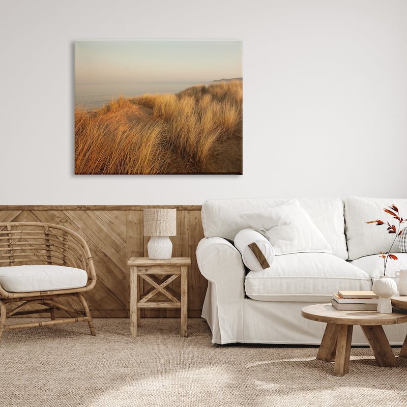 Stupell Ocean Cliff Sunset Sun Bleached Grass Seaside Photography Canvas Wall Art - Yellow