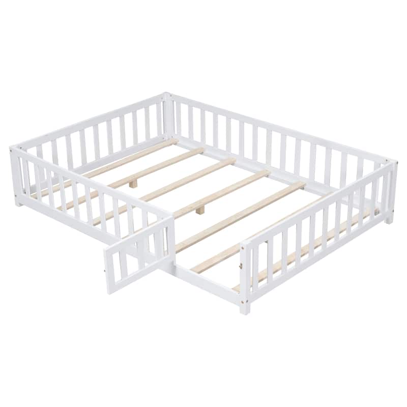 Floor Platform Bed with Fence and Door for kids Toddlers, Full Size - White - Full