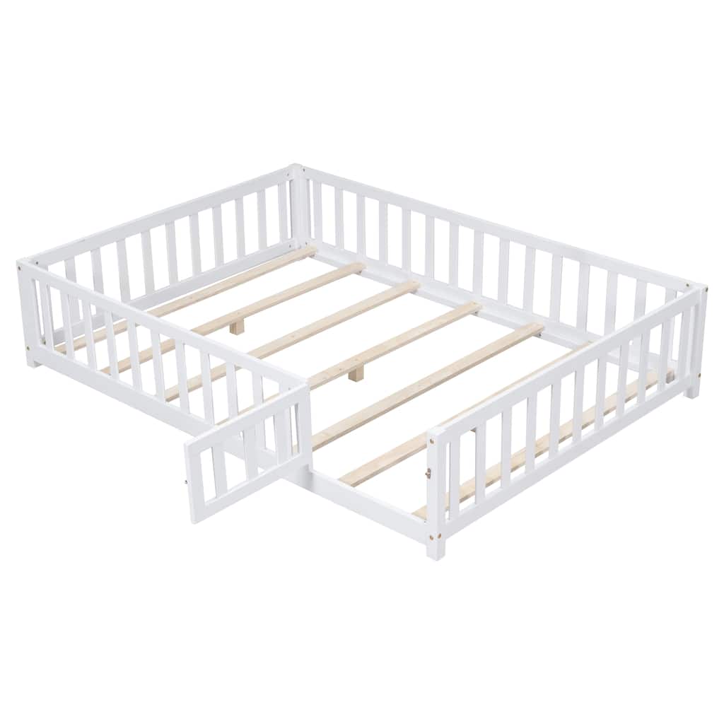 Floor Platform Bed with Fence and Door for kids Toddlers, Full Size