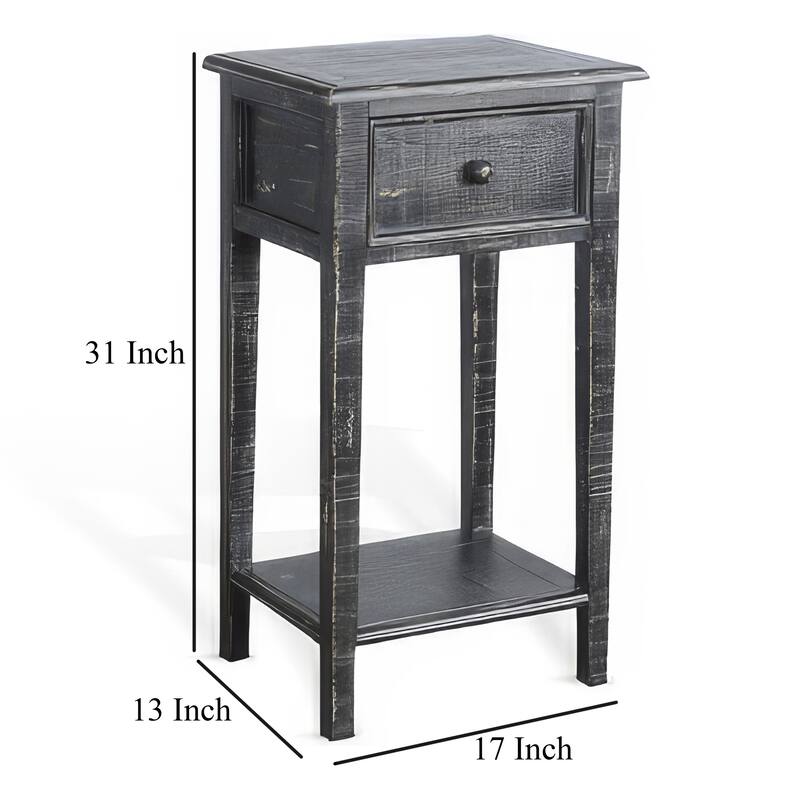 Rena Side End Table with 1 Drawer, 17 Inch Rustic Black Mahogany Wood