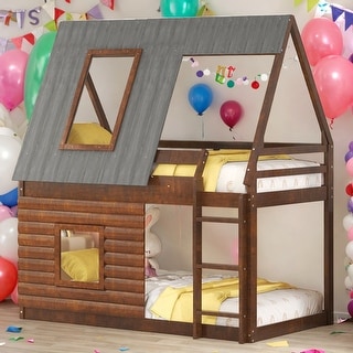 Twin Size Wood House Bunk Bed with Roof,Ladder & 2 Windows,Oak&Smoky Grey