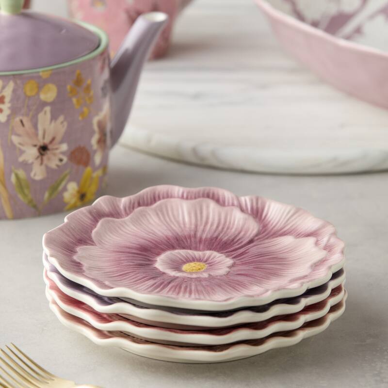 Certified International Wildflowers 3-D Floral Dessert Plates, Set of 4 Assorted Designs - 8.00"L x 8.00"W x 1.00"H