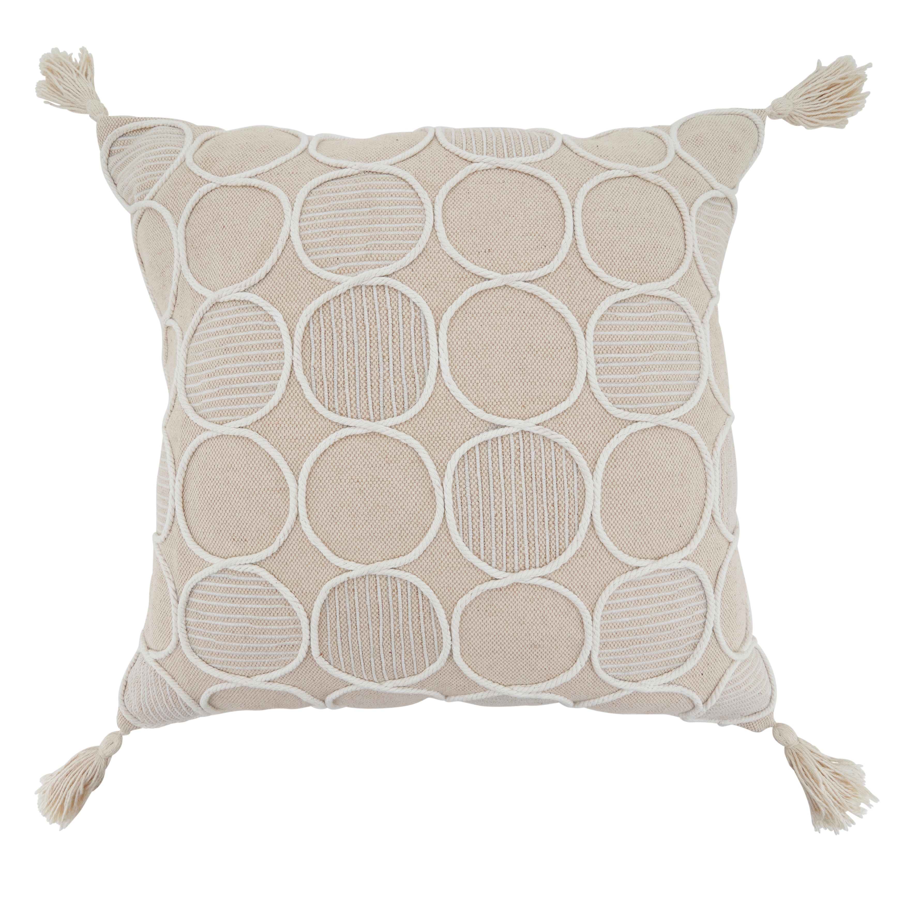 Circle Stitch Cotton Throw Pillow - Textured Dot Pattern with Tassel Accents for Sofa, Bed & Layered Styling, 18"x18"