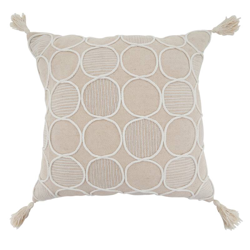 Circle Stitch Cotton Throw Pillow - Textured Dot Pattern with Tassel Accents for Sofa, Bed & Layered Styling, 18"x18" - Natural - 18"x18" - Feather Down