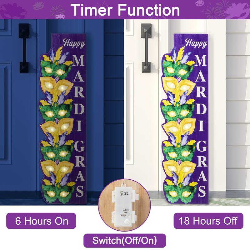 Glitzhome 41.75"H Mardi Gras Lighted Wooden Stacked Masks Porch Decor w/Timer