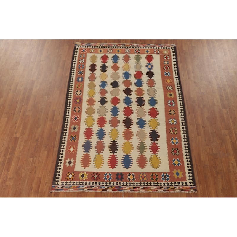 Geometric Kilim Qashqai Persian Vintage Rug Flatweave Beige Carpet - 5'9" x 8'5"