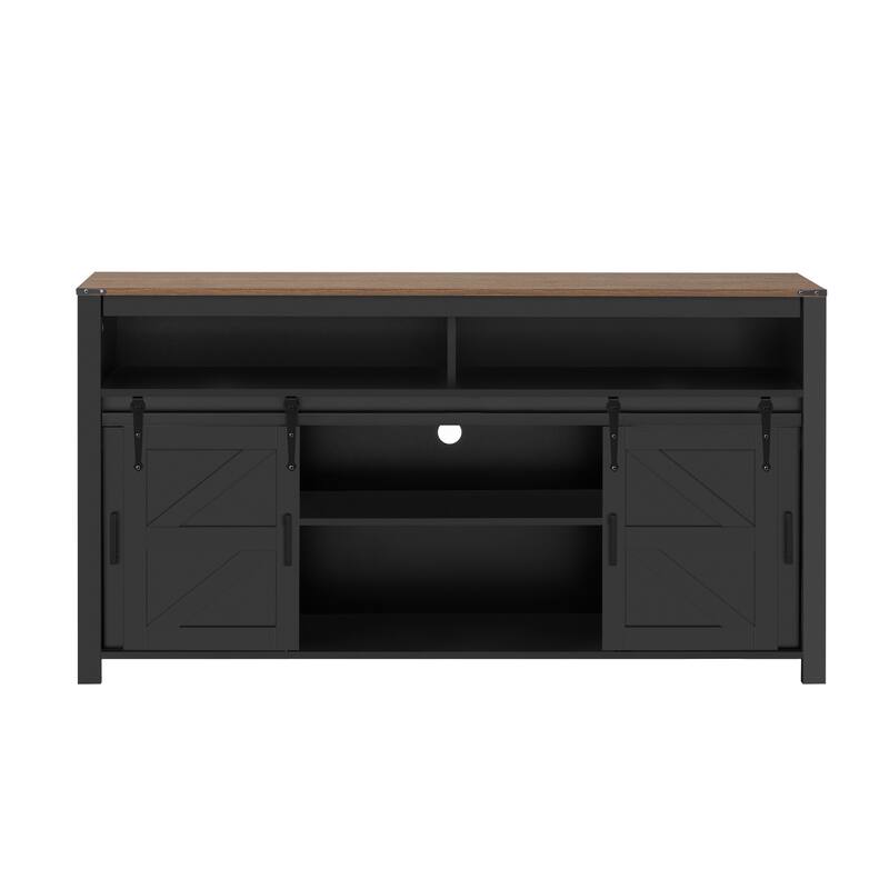 Buffet Cabinet with Sliding Barn Door and Mesh Panels, Open Storage